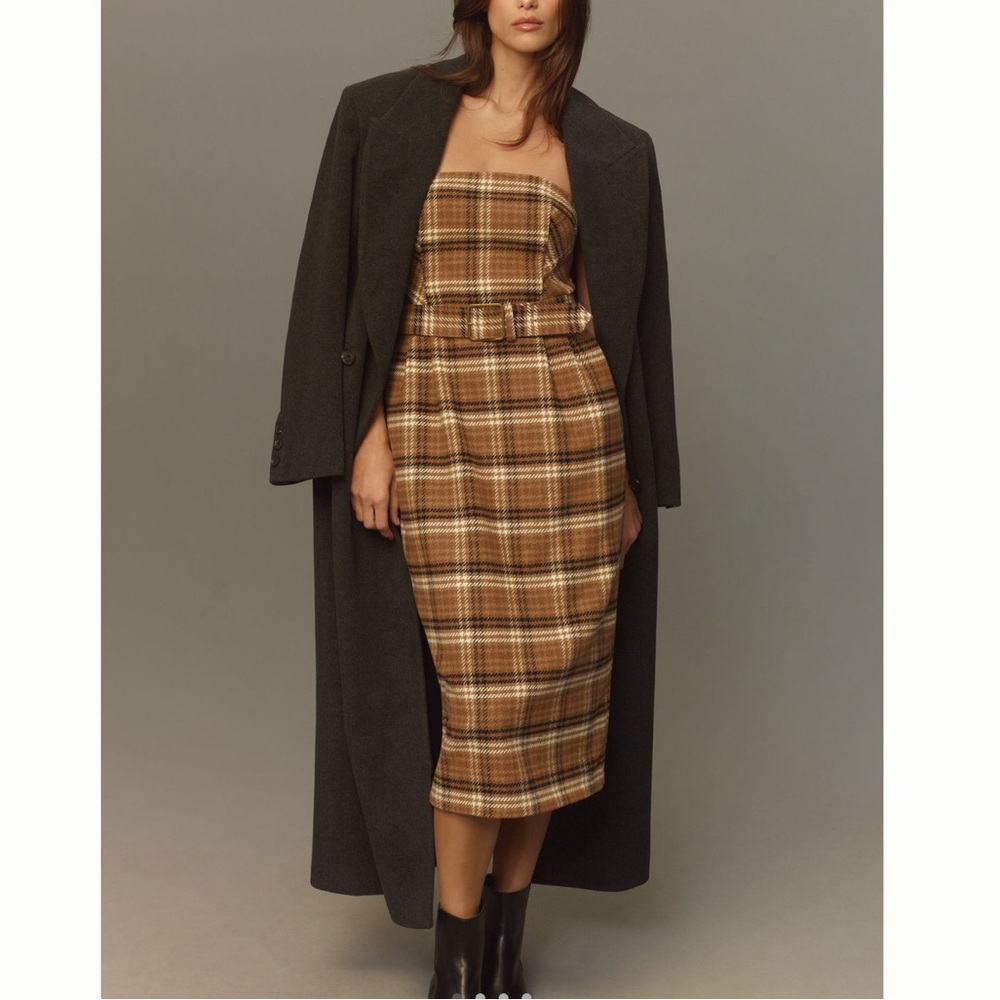 Anthropologie Strapless Belted Midi Dress New Plaid Brown Wool Size 2 - Picture 4 of 16